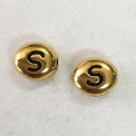 6x7mm TierraCast Alphabet Beads - 22K Antique Gold Plated - “S” - Pack of 2