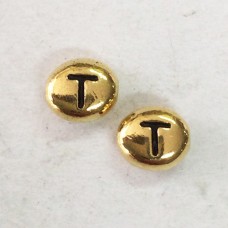 6x7mm TierraCast Alphabet Beads - 22K Antique Gold Plated - “T” - Pack of 2
