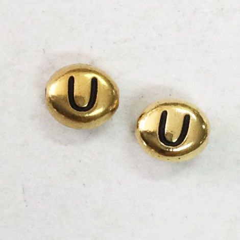 6x7mm TierraCast Alphabet Beads - 22K Antique Gold Plated - “U” - Pack of 2