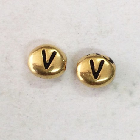6x7mm TierraCast Alphabet Beads - 22K Antique Gold Plated - “V” - Pack of 2