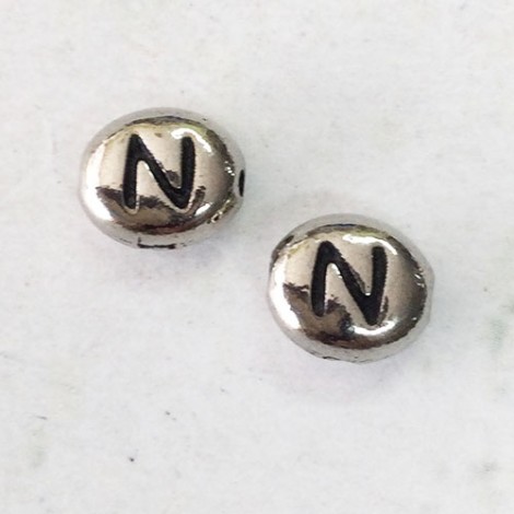 6x7mm TierraCast Alphabet Beads - Fine Silver Plated - “N” - Pack of 2