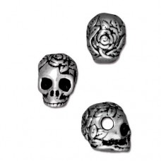 10mm TierraCast Large Hole Rose Skull Beads - Antique Fine Silver Plated