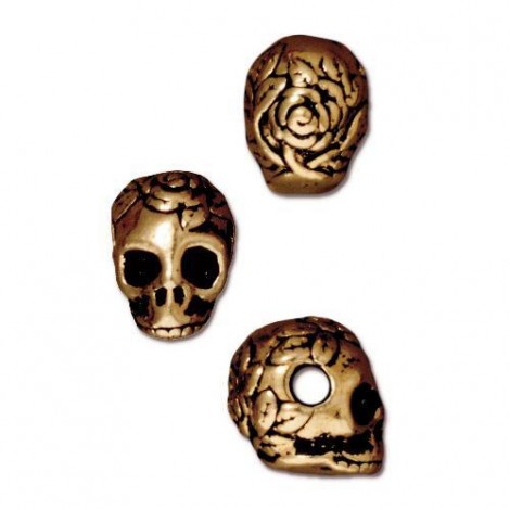 10mm TierraCast Large Hole Rose Skull Beads - Antique 22K Gold Plated - Each