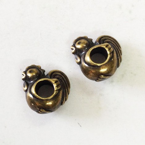 11mm TierraCast Euro Style Rooster Beads w-4mm hole - Brass Oxide - Pack of 2 11mm TierraCast Euro Style Rooster Beads w-4mm hole - Brass Oxide - Pack of 2