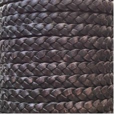5mm Braided Premium Indian Flat Leather Cord - Antique Distressed Black - Per Metre