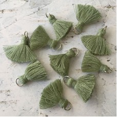 20mm Cotton Mini Tassels with Silver Jumpring - Pack of 10 - Moss Green/Silver