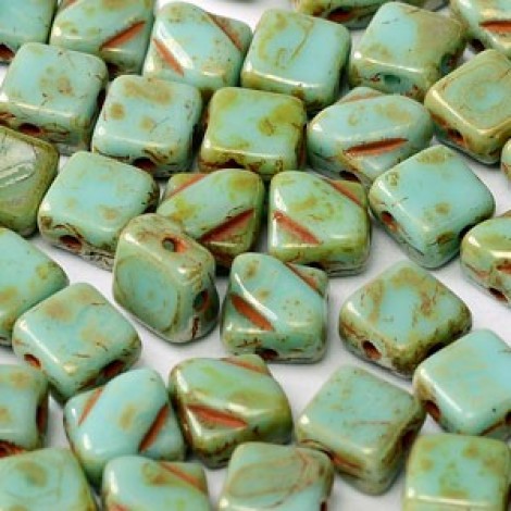 6mm Silky Czech 2-Hole Beads - Turquoise Picasso - Pack of 40