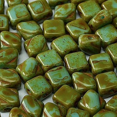 6mm Silky Czech 2-Hole Beads - Turquoise Travertine - Pack of 40