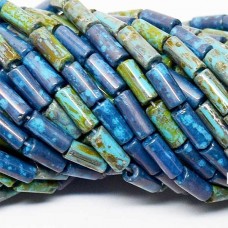 9x4mm Czech Limited Edition Bugle  Beads - Aged Wampum Blue Turquoise Picasso Mix - Per strand