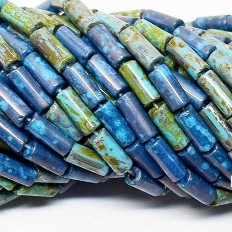 9x4mm Czech Limited Edition Bugle Beads - Aged Wampum Blue Turquoise Picasso Mix - Per strand 9x4mm Czech Limited Edition Bugle Beads - Aged Wampum Blue Turquoise Picasso Mix - Per strand