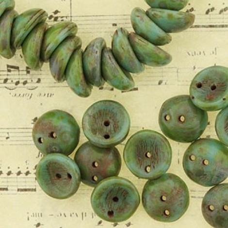 8mm Czech 2-Hole Piggy Beads - Green Turq Picasso- Pack of 50 8mm Czech 2-Hole Piggy Beads - Green Turq Picasso- Pack of 50