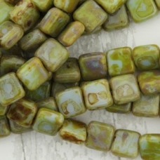 6mm Czech Flat Square Beads - Opaque Blue Picasso