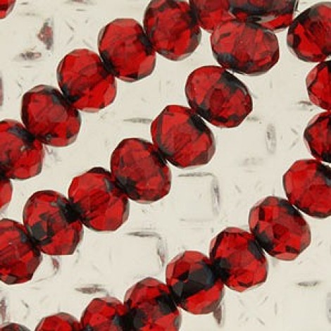 6x4mm Czech Faceted Rondelles - Transparent Red with Picasso - Pack of 10