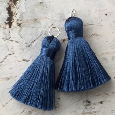 40mm Silk Tassels with Silver Jumpring - Prussian Blue - 1 pair