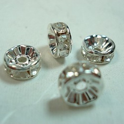 7mm Silver Plated Rhinestone Rondelles - Crystal - Pack of 20