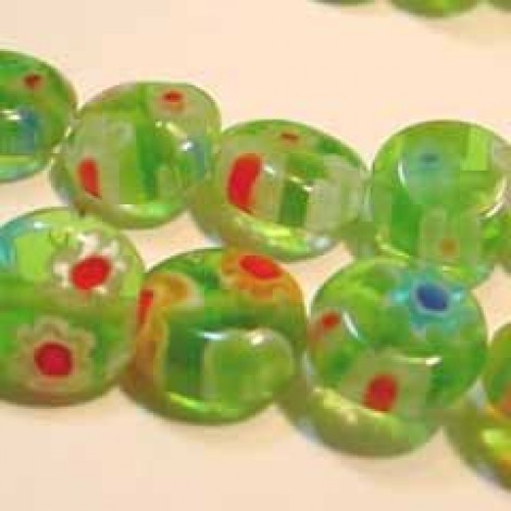 8mm Green Millefiori Round Flat Disc Beads
