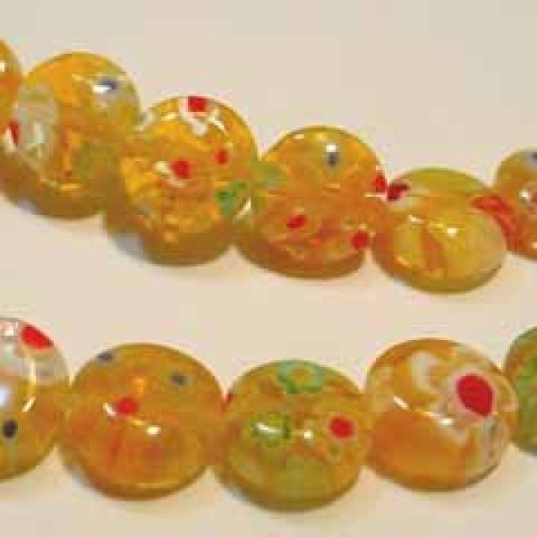 8mm Yellow Millefiori Flat Round Disc Beads Strand Lampwork