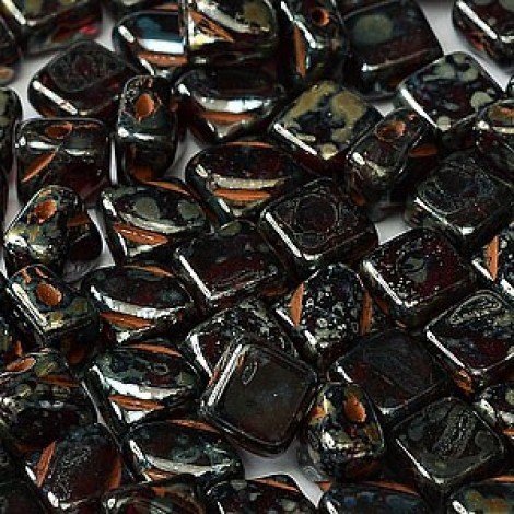 6mm Silky 2-Hole Beads - Red-Black Picasso - Pack of 40