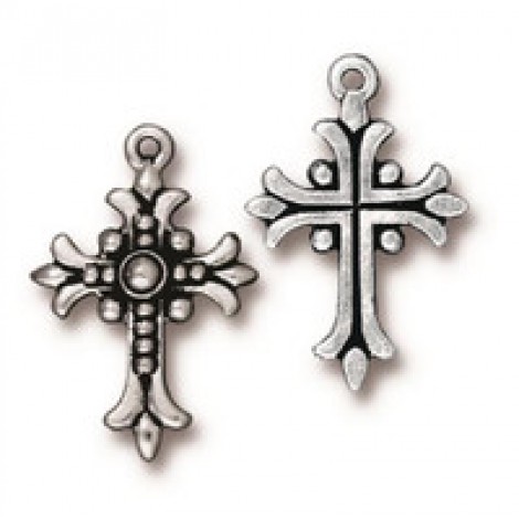 27mm TierraCast Fleur Cross Charm - Antique Fine Silver Plated - each
