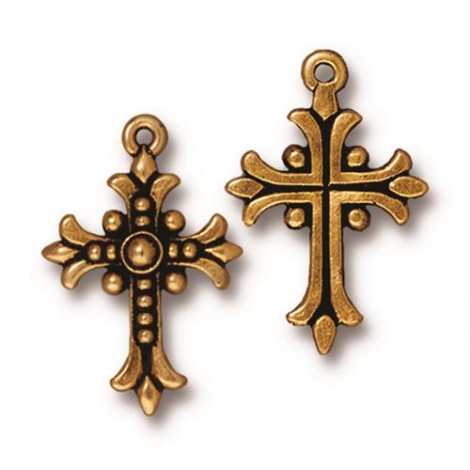 27mm TierraCast Fleur Cross Charm - Antique 22K Gold Plated - Each