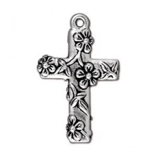 25mm TierraCast Floral Cross Pendant Drop - Antique Silver - Each