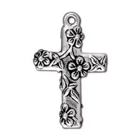 25mm TierraCast Floral Cross Pendant Drop - Antique Silver - Each