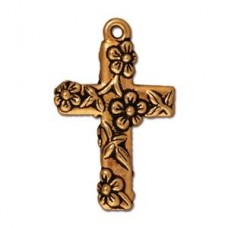 25mm TierraCast Floral Cross Pendant Drops - Antique 22K Gold - Each