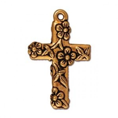 25mm TierraCast Floral Cross Pendant Drops - Antique 22K Gold - Each