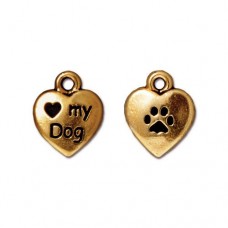 10mm TierraCast Love my Dog Heart Charm - Antique Gold