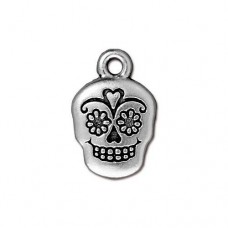 18mm TierraCast Sugar Skull Drop - Ant Fine Silver Plated  - Each