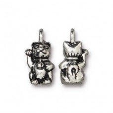 18mm TierraCast Beckoning Kitty Charm - Antique Fine Silver Plated