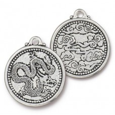 24x28mm TierraCast Chinese Dragon Coin Pendant-Drop - Antique Fine Silver