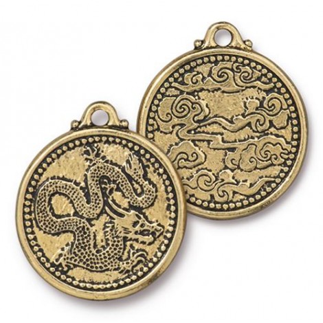 24x28mm TierraCast Chinese Dragon Coin Pendant-Drop - Antique 22K Gold Plated