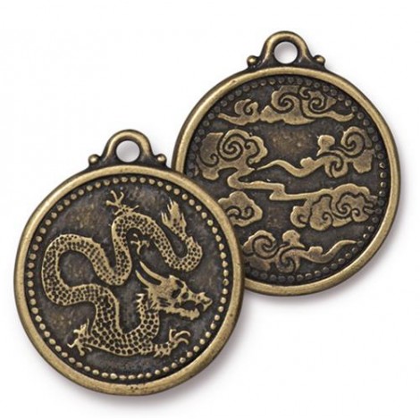 24x28mm TierraCast Chinese Dragon Coin Pendant-Drop - Brass Oxide