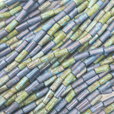 9x4mm Czech Limited Edition Bugle  Beads - Aged Wampum Blue Turquoise Picasso Mix - Per strand