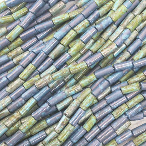 9x4mm Czech Limited Edition Bugle  Beads - Aged Wampum Blue Turquoise Picasso Mix - Per strand