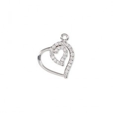 14mm Rhodium Plated Anti-Tarnish Sterling Silver Open Heart Charm with Cubic Zirconias - Each