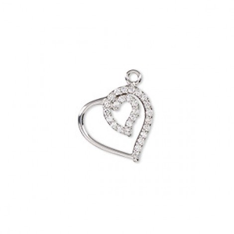 14mm Rhodium Plated Anti-Tarnish Sterling Silver Open Heart Charm with Cubic Zirconias