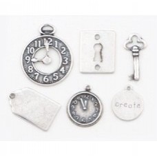 Clock, Lock & Tags Assortment - Sterling Silver Plated Pressed Brass - Set of 6