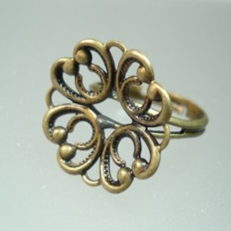Antique Brass Adjustable Ring Base w/Filigree Flower t