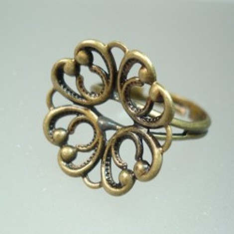 Antique Brass Adjustable Ring Bases w/Filigree Flower top - Pack of 2