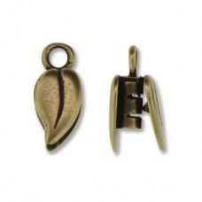 2mm ID Antique Brass Hidden Crimp Cord End - Leaf - Per Pair