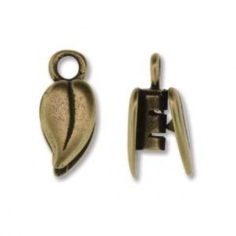 2mm ID Antique Brass Hidden Crimp Cord End - Leaf - Per Pair