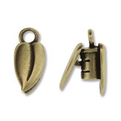 3mm ID Antique Brass Hidden Crimp Cord End - Leaf - Per Pair