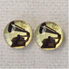 12mm Art Glass Backed Cabochons - Vintage Gramophone - Per Pair