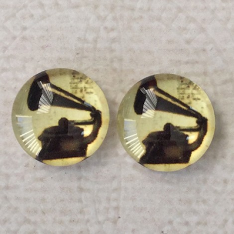 12mm Art Glass Backed Cabochons - Vintage Gramophone - Per Pair