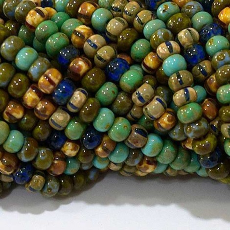 6/0 Czech Limited Edition Seed Beads - Aged Rainforest Striped Mix - Per Strand 6/0 Czech Limited Edition Seed Beads - Aged Rainforest Striped Mix - Per Strand
