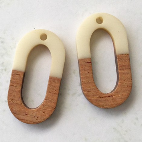 28x15x3mm Cream Resin & Wood Oval Earring Drops with 2mm hole size 