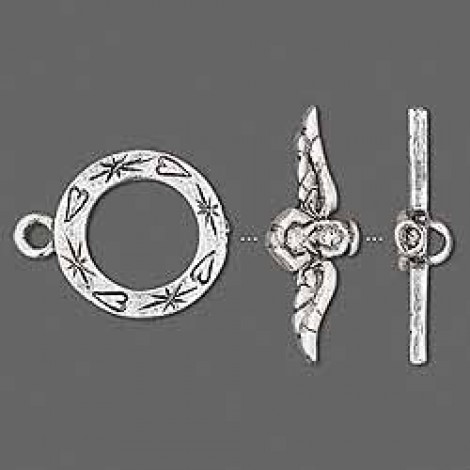 18x16mm Angel Wings/Heart Toggle Clasp - Antique Silver - Each