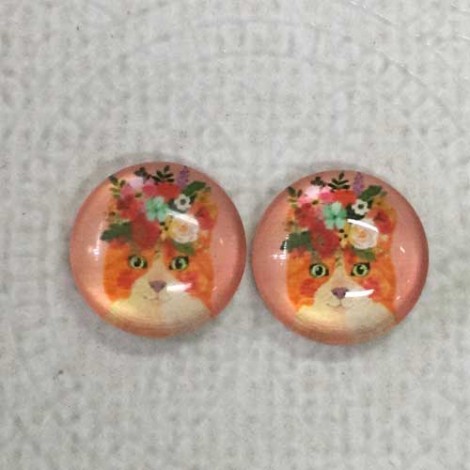 12mm Art Glass Backed Cabochons  - Flower Animals - Ginger Cat 10